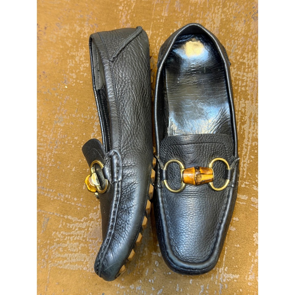 Gucci Horsebit Bamboo Loafers Black Pebbled Leather Driving Shoes 155162 37.5 G - Picture 8 of 8